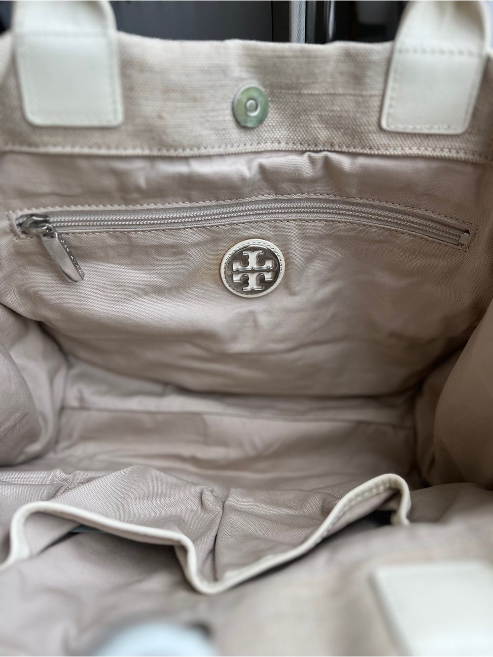 Tory Burch Ella Ivory Canvas Tote Leather Trim - Picture 9 of 11